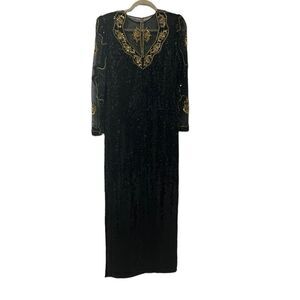 Judith Ann Creations Black & Gold 100% Silk Sequins Beaded Long Sleeve Gown Sz S